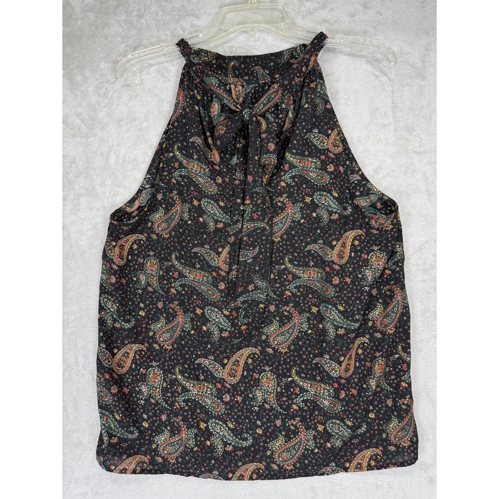 J.Crew Paisley Tie Neck Sleeveless Blouse Top Black Boho Floral Size 8 - Picture 2 of 10